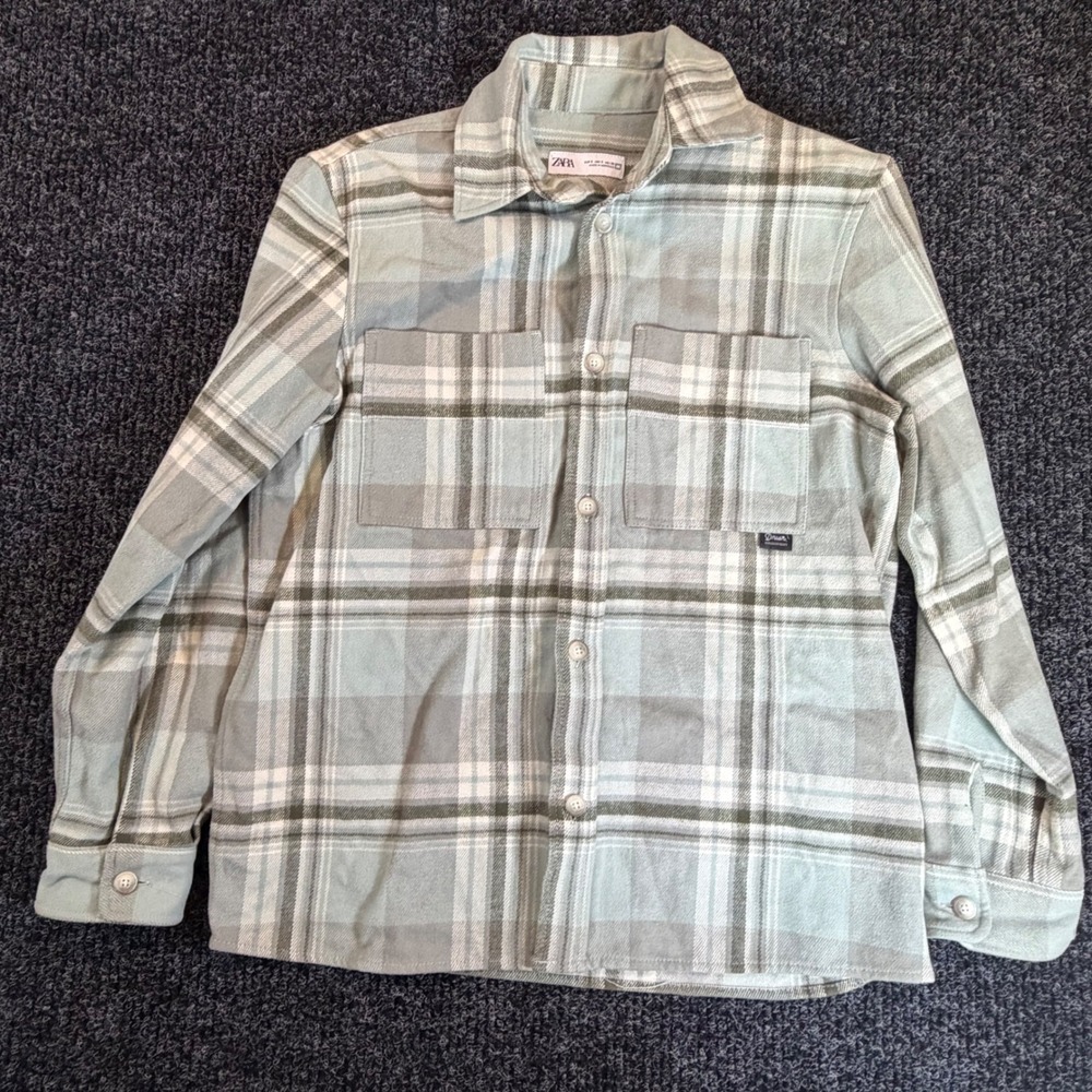 Zara Mens Sage Green Plaid Flannel Button Down Shirt Jacket Small 100% Cotton‎